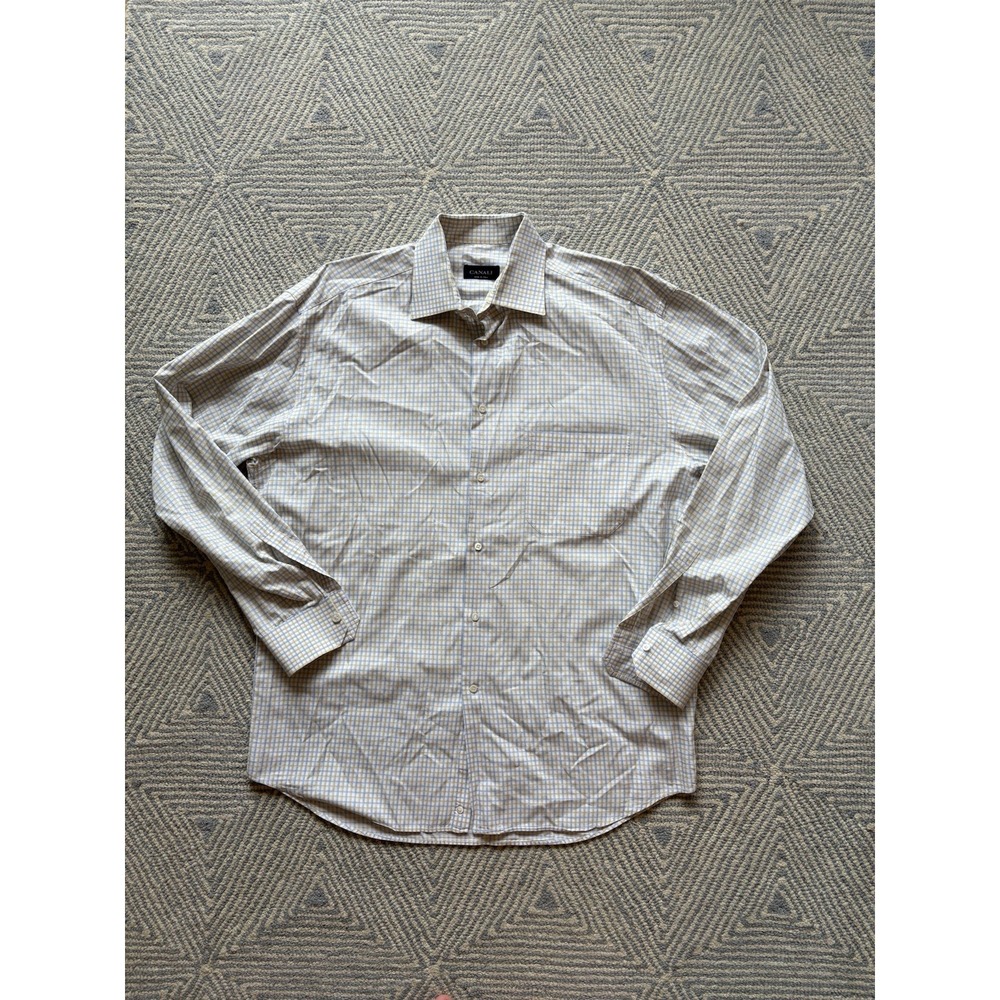 Canali Long Sleeve Button‎ Shirt - White/Blue/Yellow 17 43 (loose sleeve button)